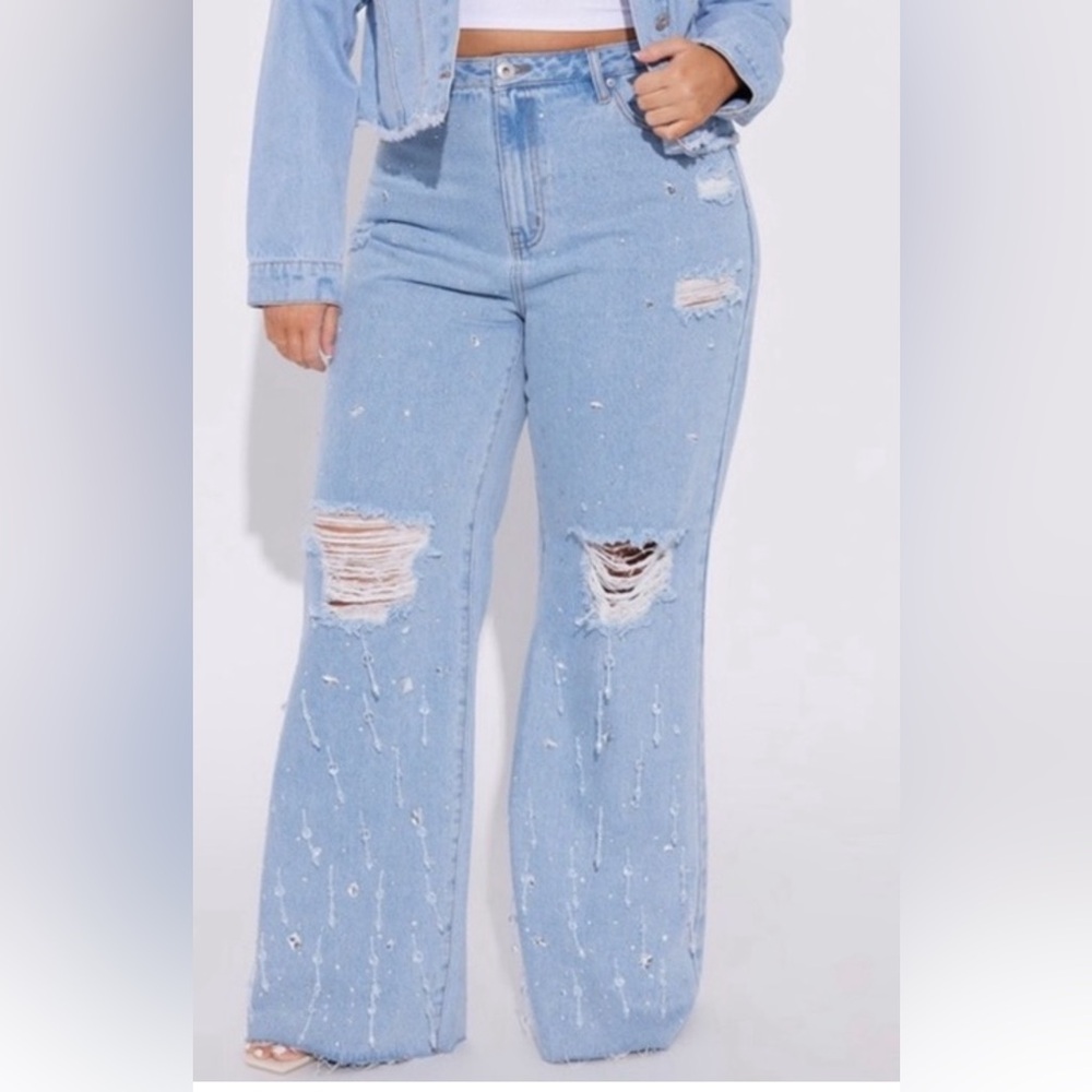 NWT - Fashion Nova Oh So Icy Embellished Wide Leg Jean